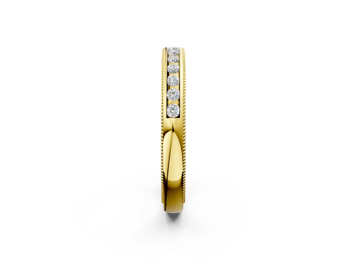 Channel Set Round Diamond Milgrain Edge Wedding Band Yellow gold