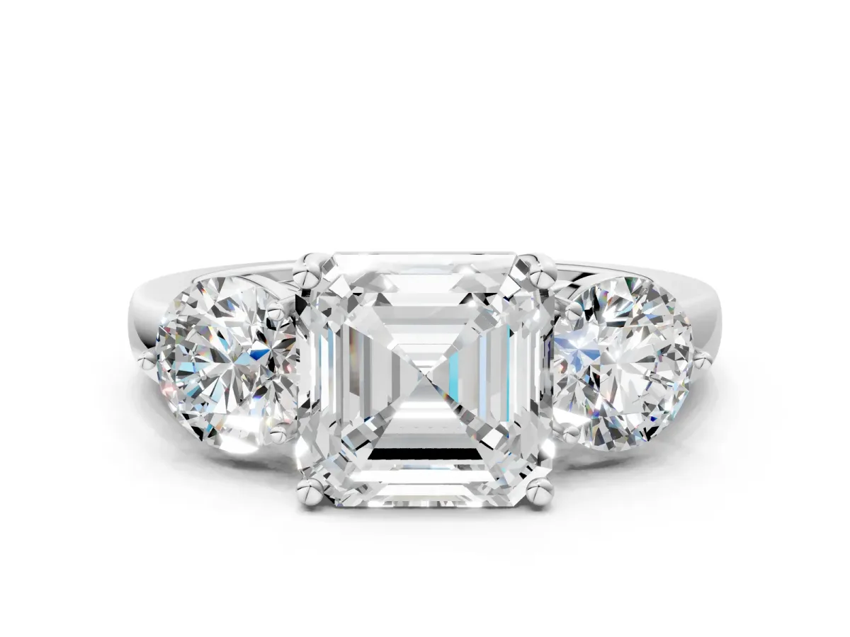 Asscher Cut Diamond Three-Stone Ring with Prong Setting and Classic Band Platinum