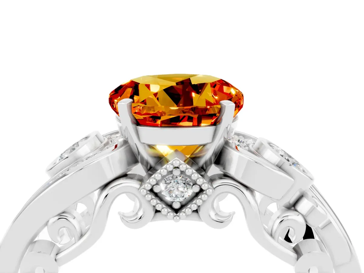 Round Cut Citrine Solitaire Ring with Milgrain Pavé Band and Four-Prong Setting Silver