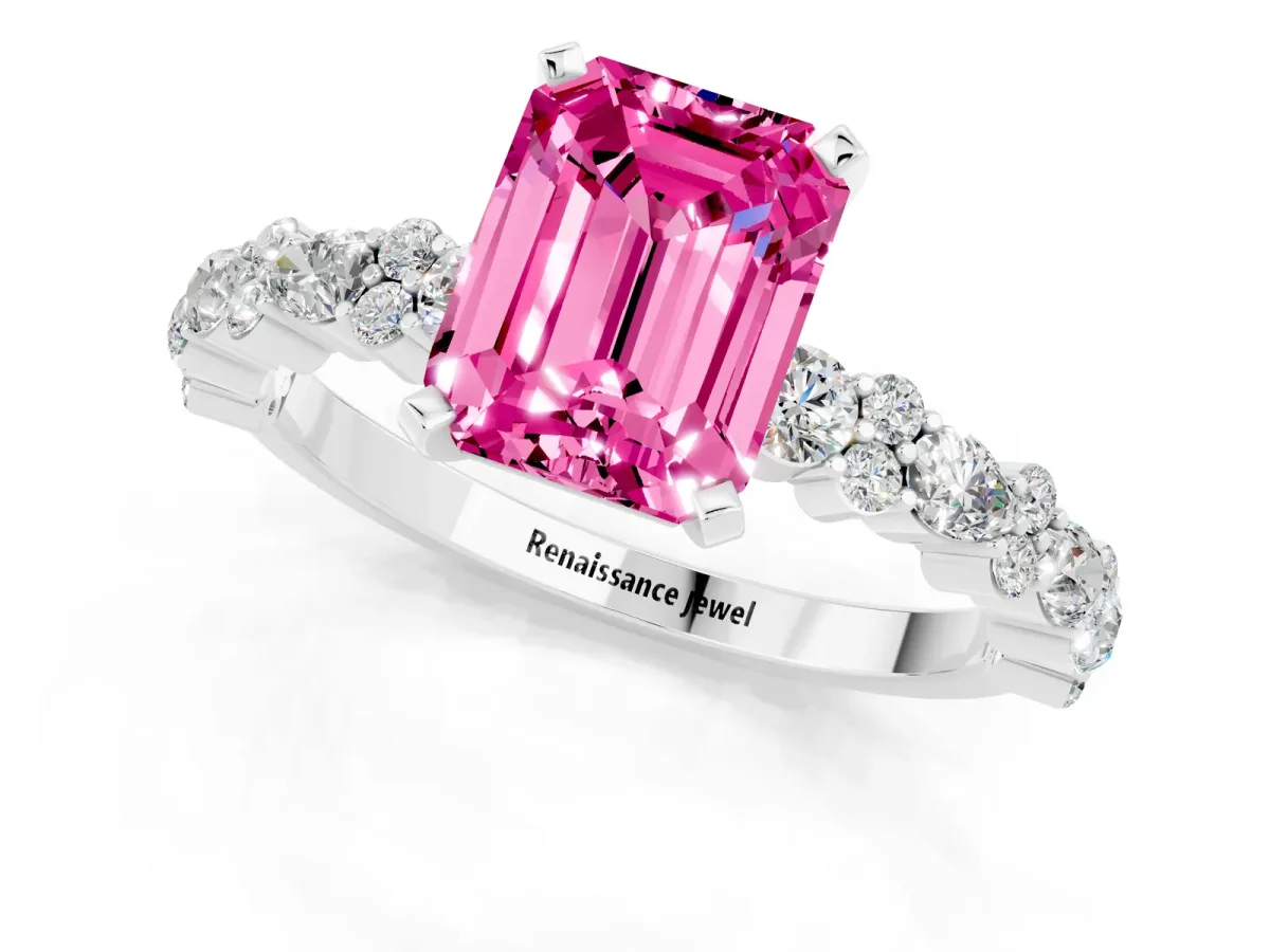 Emerald Cut Pink Sapphire Side Stone Solitaire Ring with Round and Four-Prong Setting White gold
