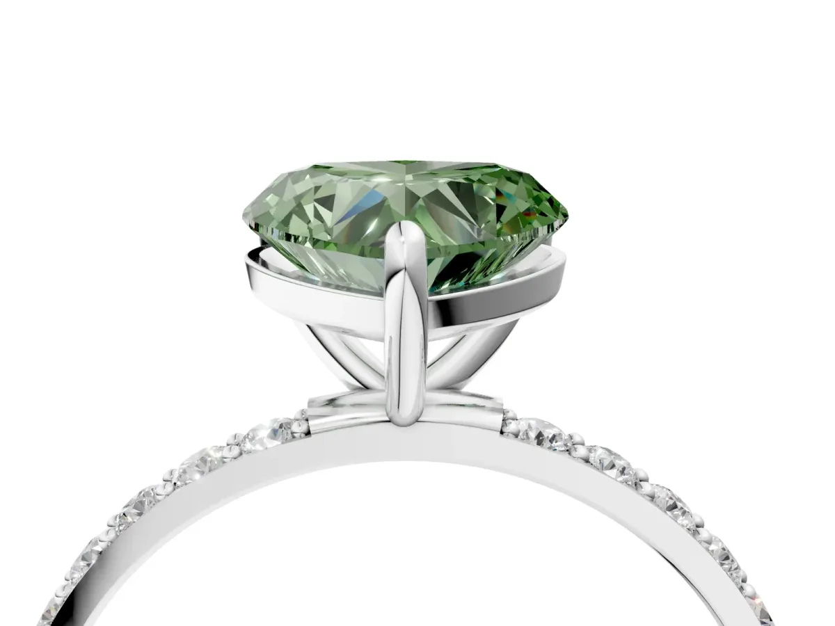 Fancy Green Heart Cut Diamond Solitaire Ring with Round Pavé Band and Prong Setting Silver