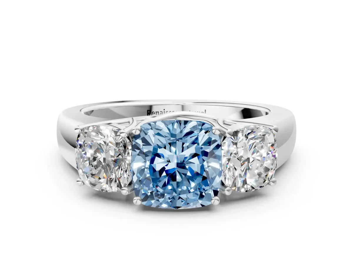 Fancy Blue Three-Stone Cushion Cut Cut Diamond Ring with Prong Setting and Classic Band White gold