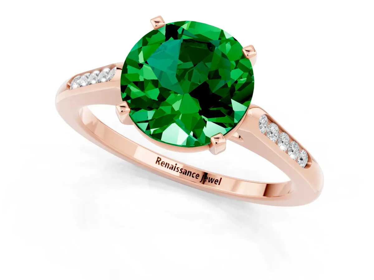 Round Cut Emerald Solitaire Ring with Channel Set Round Band and Prong Setting Rose gold