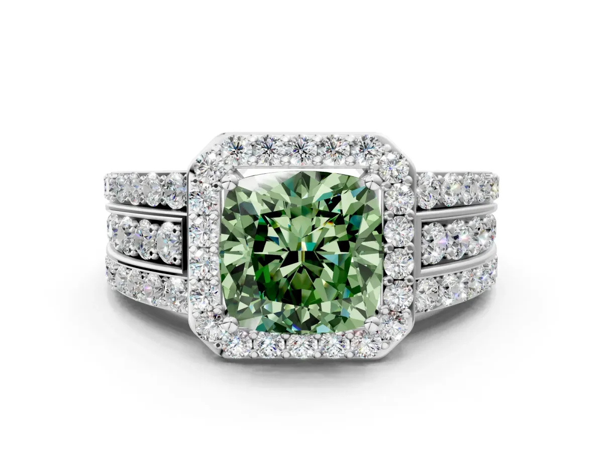 Fancy Green Cushion Cut Halo Diamond Ring with Round Split Shank and Prong Setting Silver