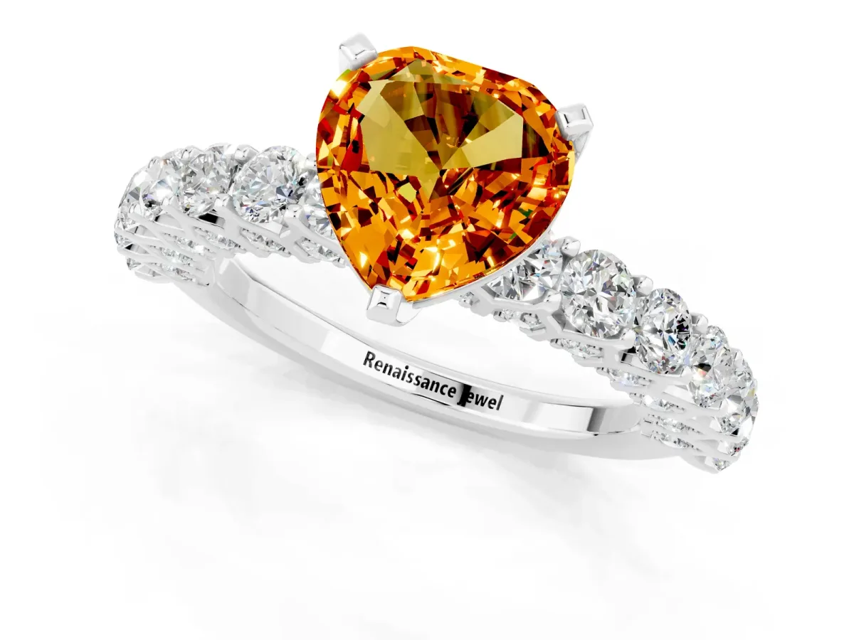 Heart Cut Citrine Solitaire Ring with Shared Prong Pavé Band and Four-Prong Setting Platinum