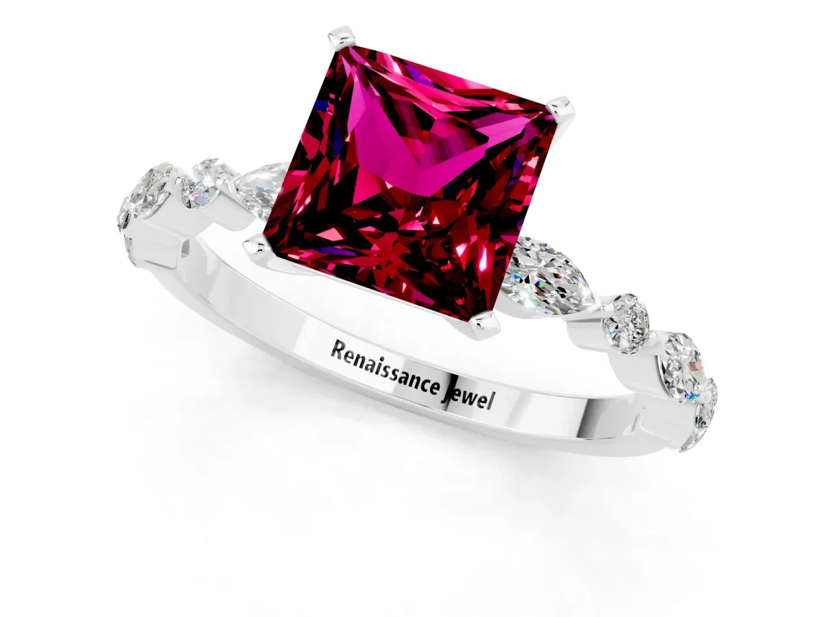 Princess Cut Garnet Ring with Marquise and Round Side Stones and Four-Prong Setting Silver