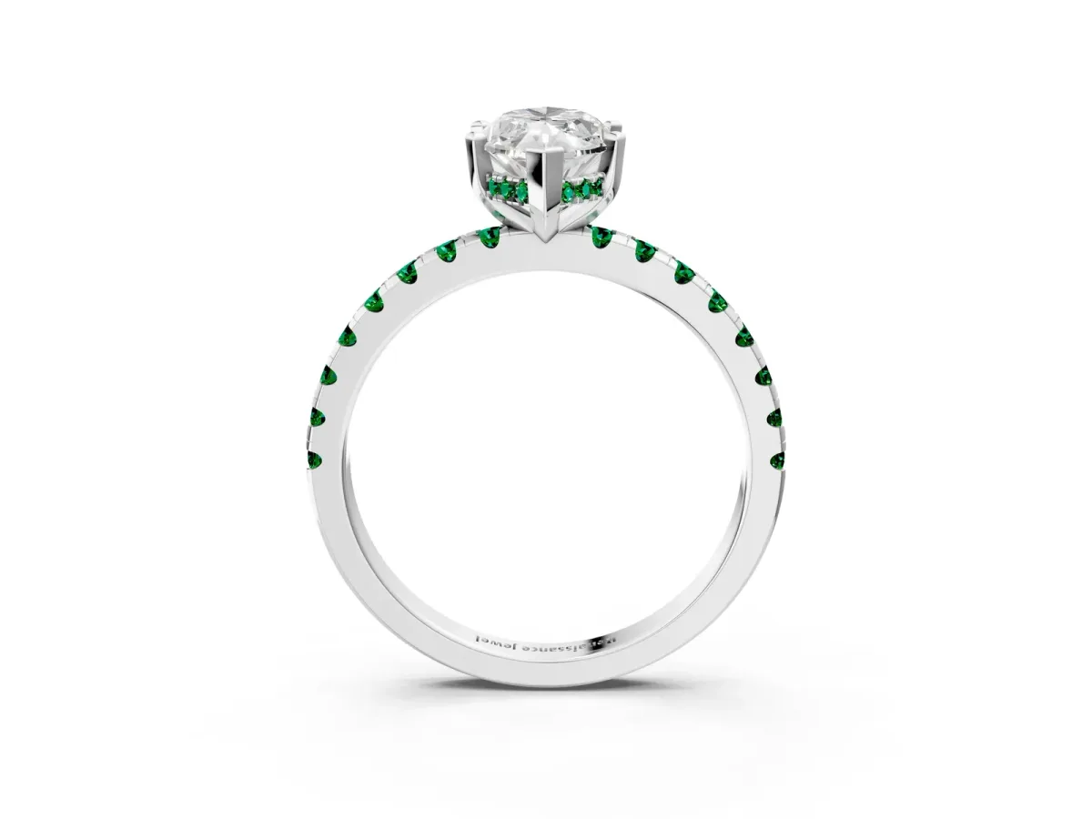Marquise Cut Diamond Solitaire Ring with Round Emerald Pavé Band and Four-Prong Setting Silver