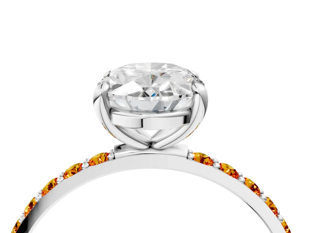 Oval Cut Diamond Solitaire Ring with Round Citrine Pavé Band and Prong Setting Silver