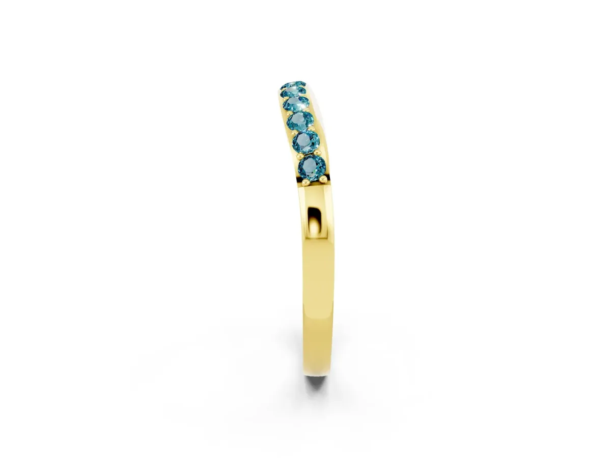 Round Blue Topaz Curved Wedding Band with Channel Setting Yellow gold