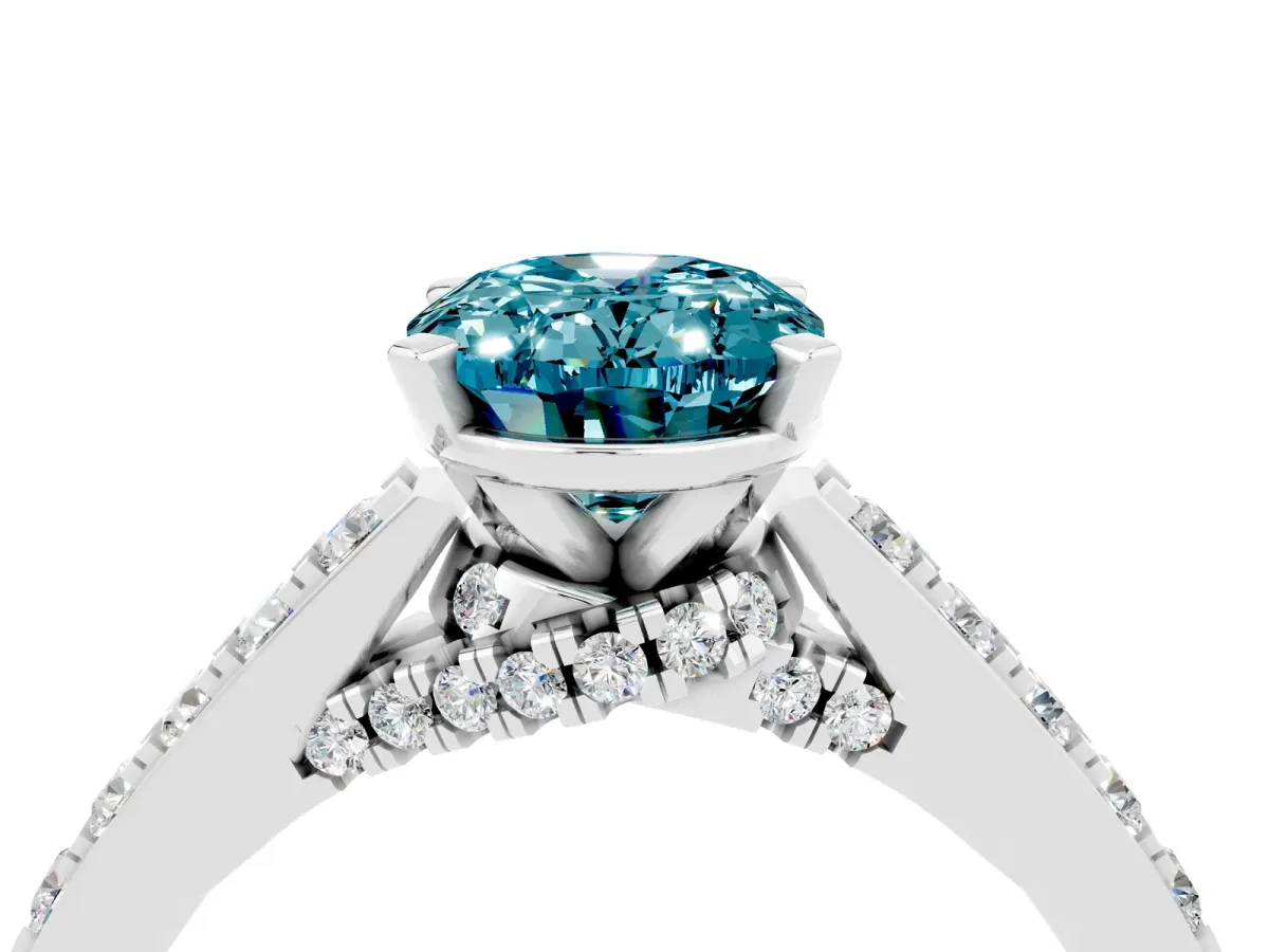 Oval Cut Blue Topaz Solitaire Ring with Crossover Gallery and Round Pavé Band Silver