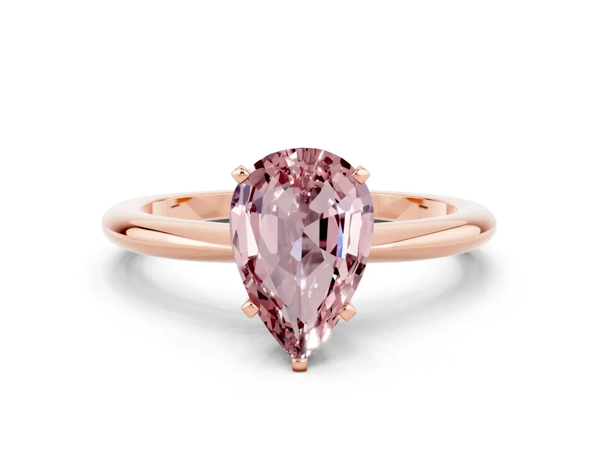 Pear Cut Morganite Solitaire Ring with Six-Prong Setting and Classic Band Rose gold