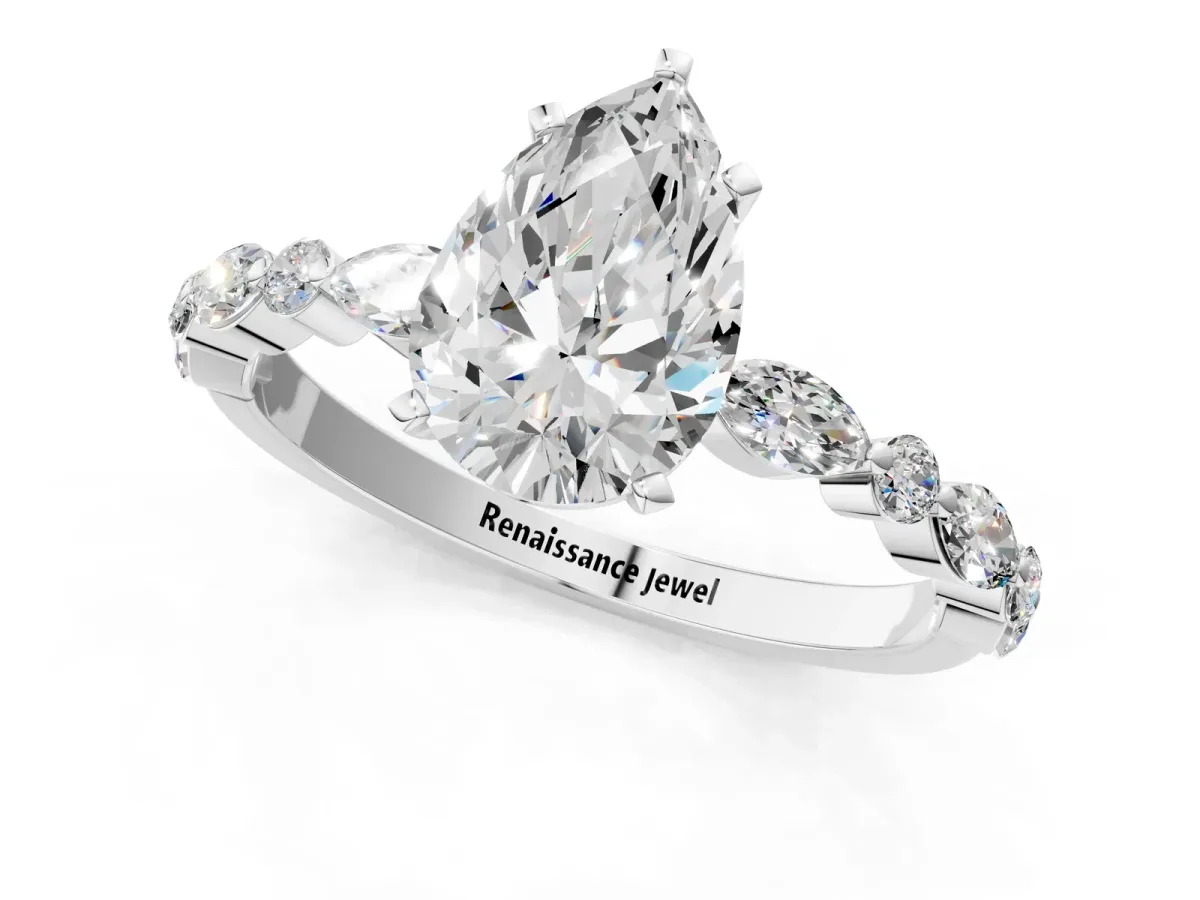 Pear Cut Diamond Ring with Marquise and Round Side Stones and Four-Prong Setting Silver