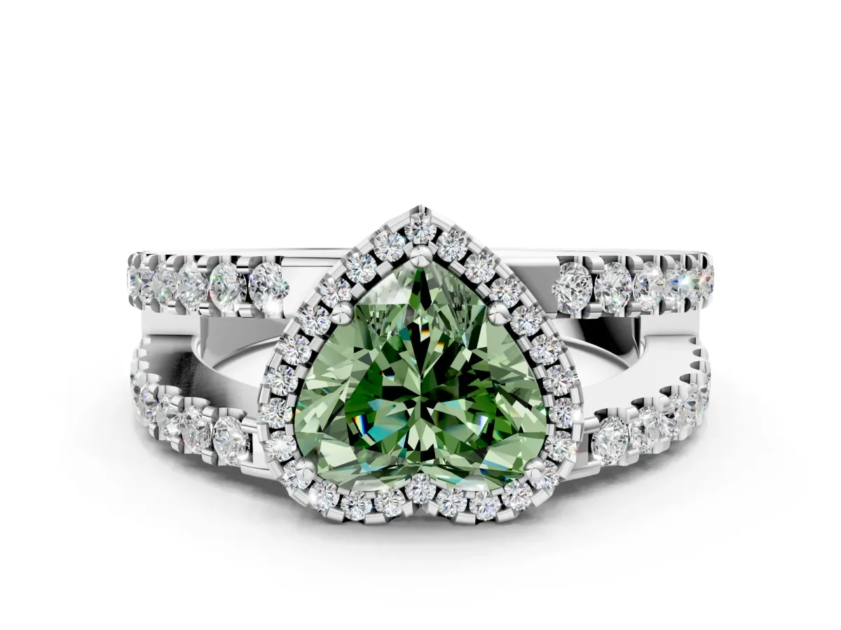 Fancy Green Heart Cut Cut Halo Split Shank Diamond Ring with Four-Prong Setting Platinum