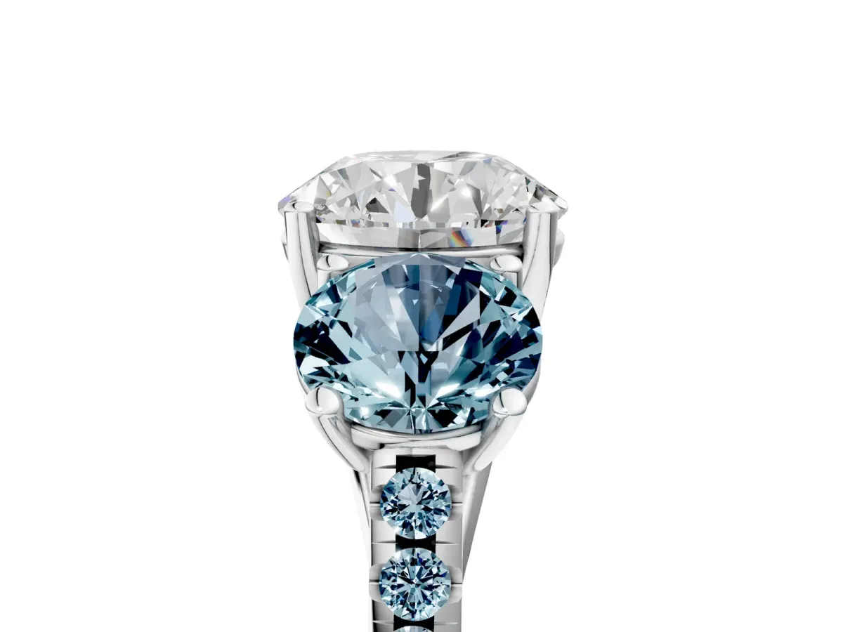 Three-Stone Round Cut Diamond Ring with Round Aquamarine Pavé Band and Prong Setting Silver