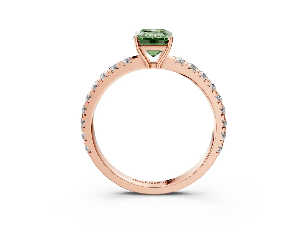 Fancy Green Emerald Cut Diamond Pavé Solitaire Engagement Ring with Four-Prong Setting Rose gold