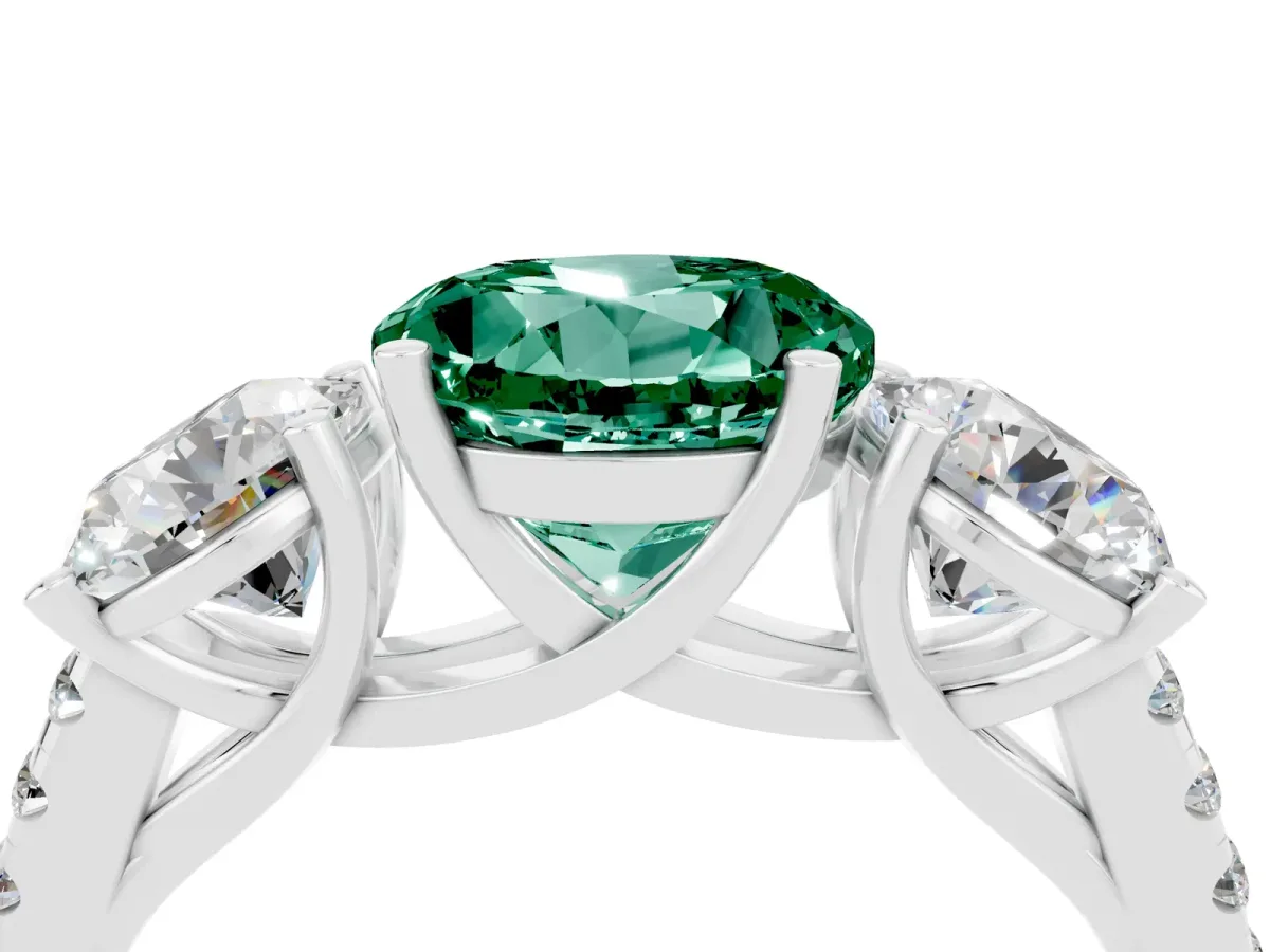 Three-Stone Round Cut Green Sapphire Ring with Round Pavé Band and Prong Setting Silver