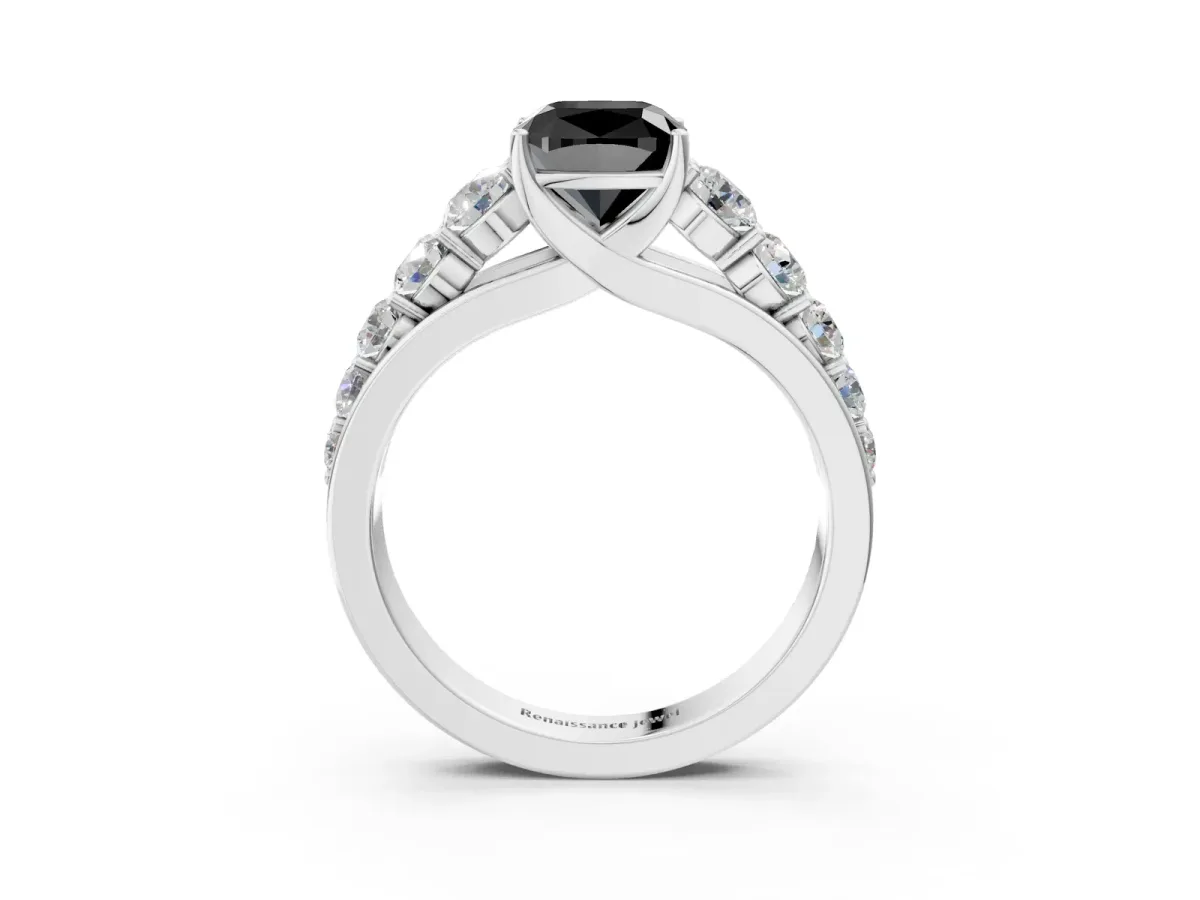 Fancy Black Cushion Cut Brilliant Diamond Pavé Band with Six-Prong Setting Silver