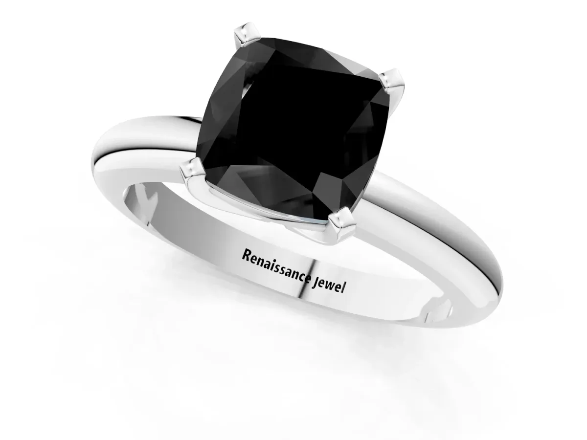 Fancy Black Cushion Cut Diamond Solitaire Engagement Ring with Round Band and Four-Prong Setting Silver