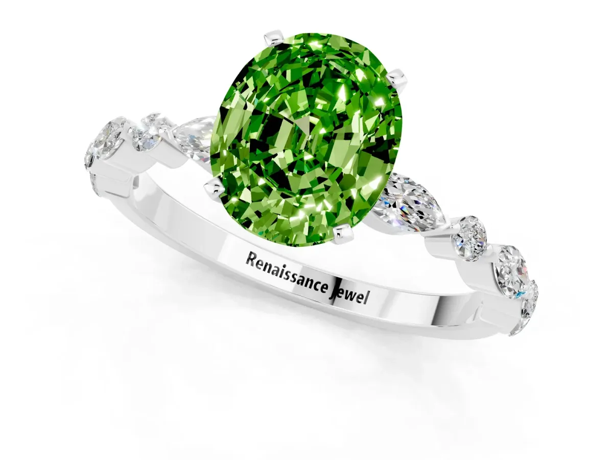 Oval Cut Peridot Ring with Marquise and Round Side Stones and Four-Prong Setting Silver