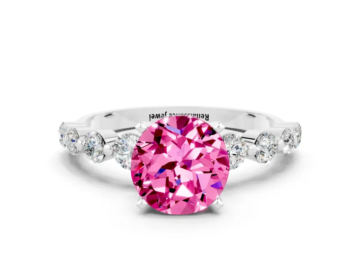 Round Cut Solitaire Pink Sapphire Ring with Pave Band and Four-Prong Setting Silver