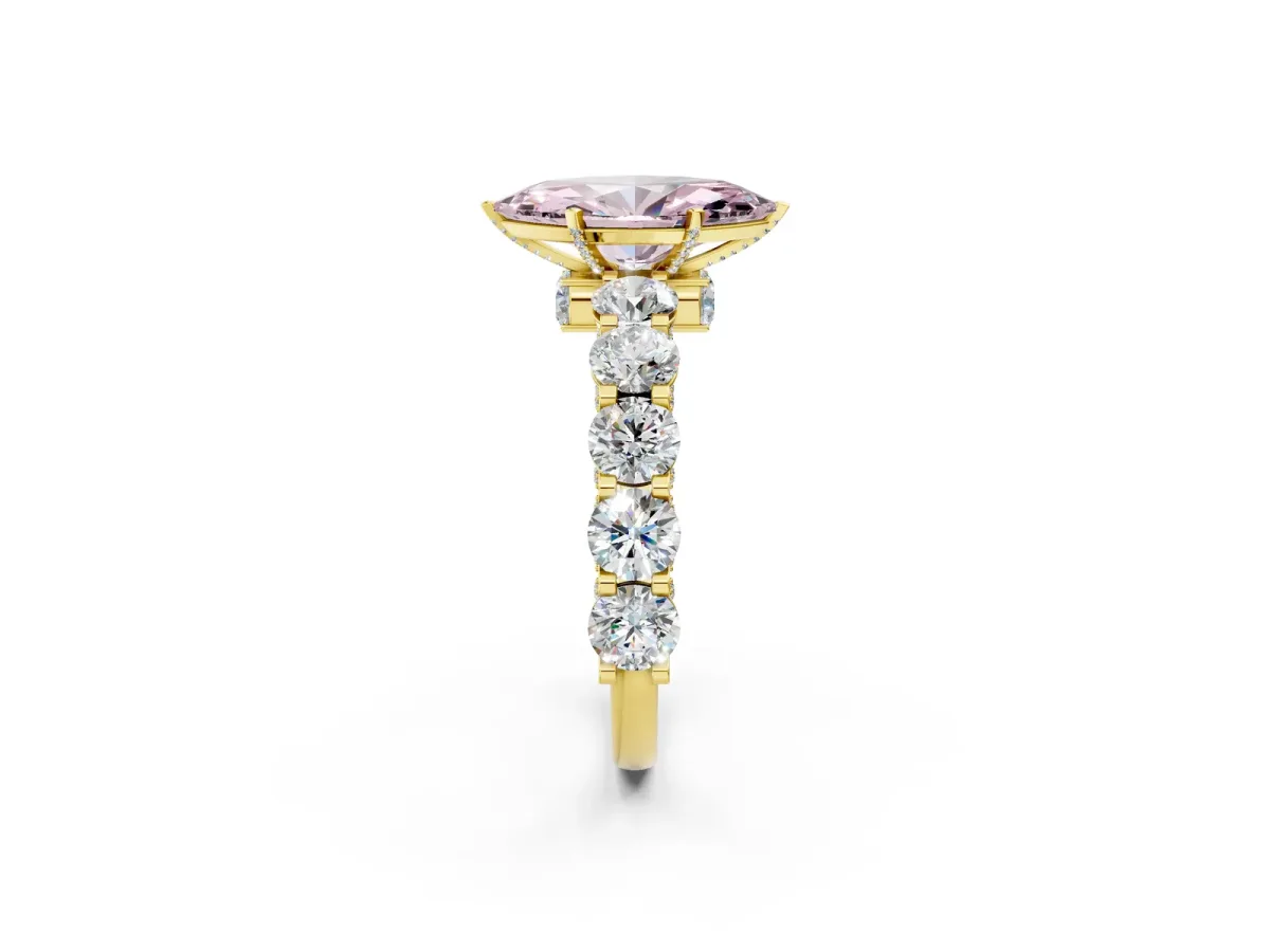 Fancy Pink Marquise Cut Diamond Side Stone Engagement Ring with Four-Prong Setting Yellow gold