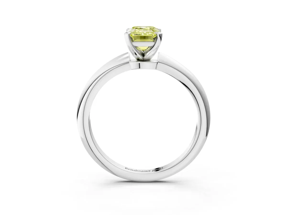 Fancy Yellow Emerald Cut Diamond Solitaire Ring with Six-Prong Setting and Classic Band Silver