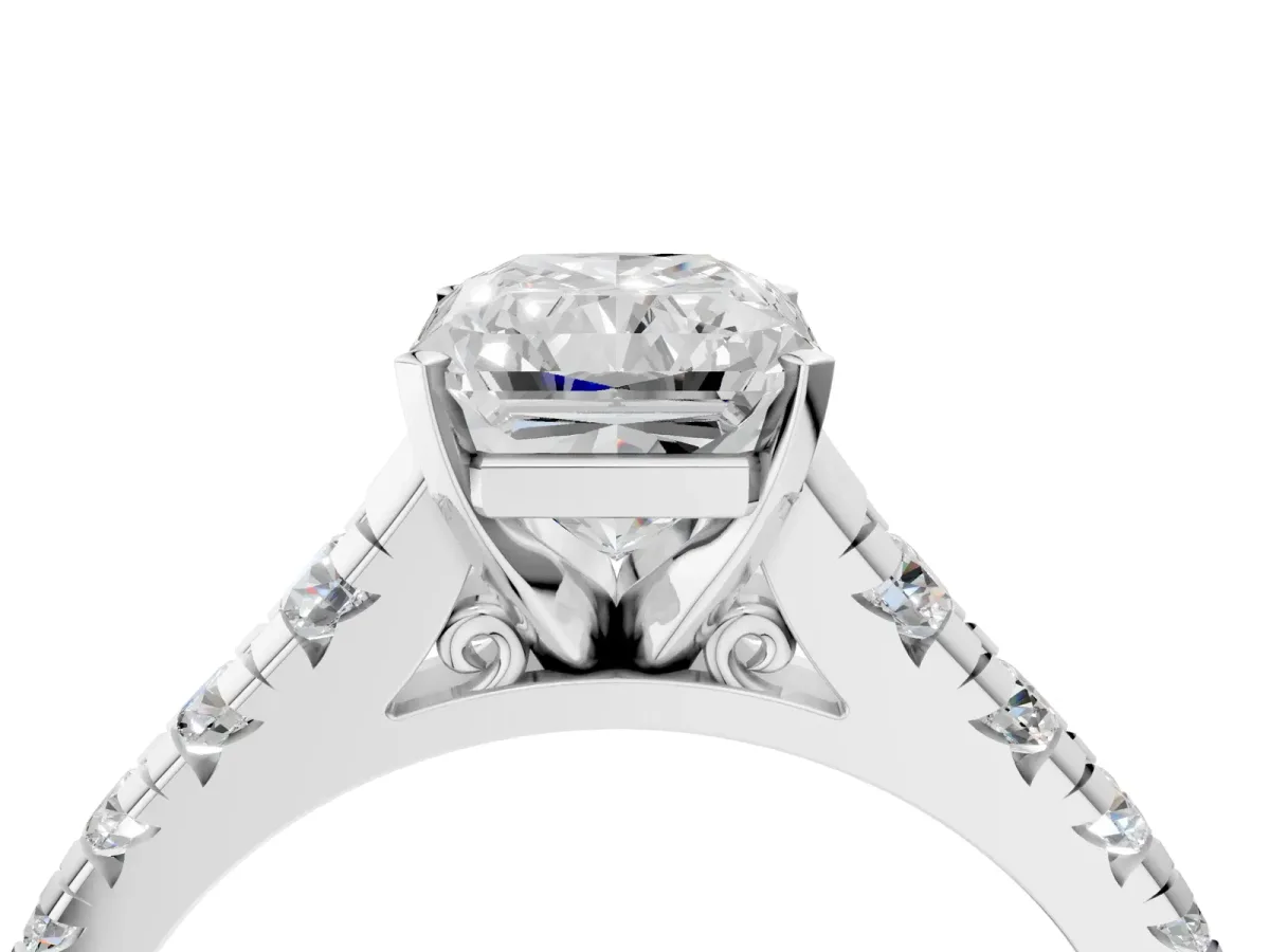 Radiant Cut Diamond Cathedral Solitaire Ring with Round Moissanite Pavé Band Silver