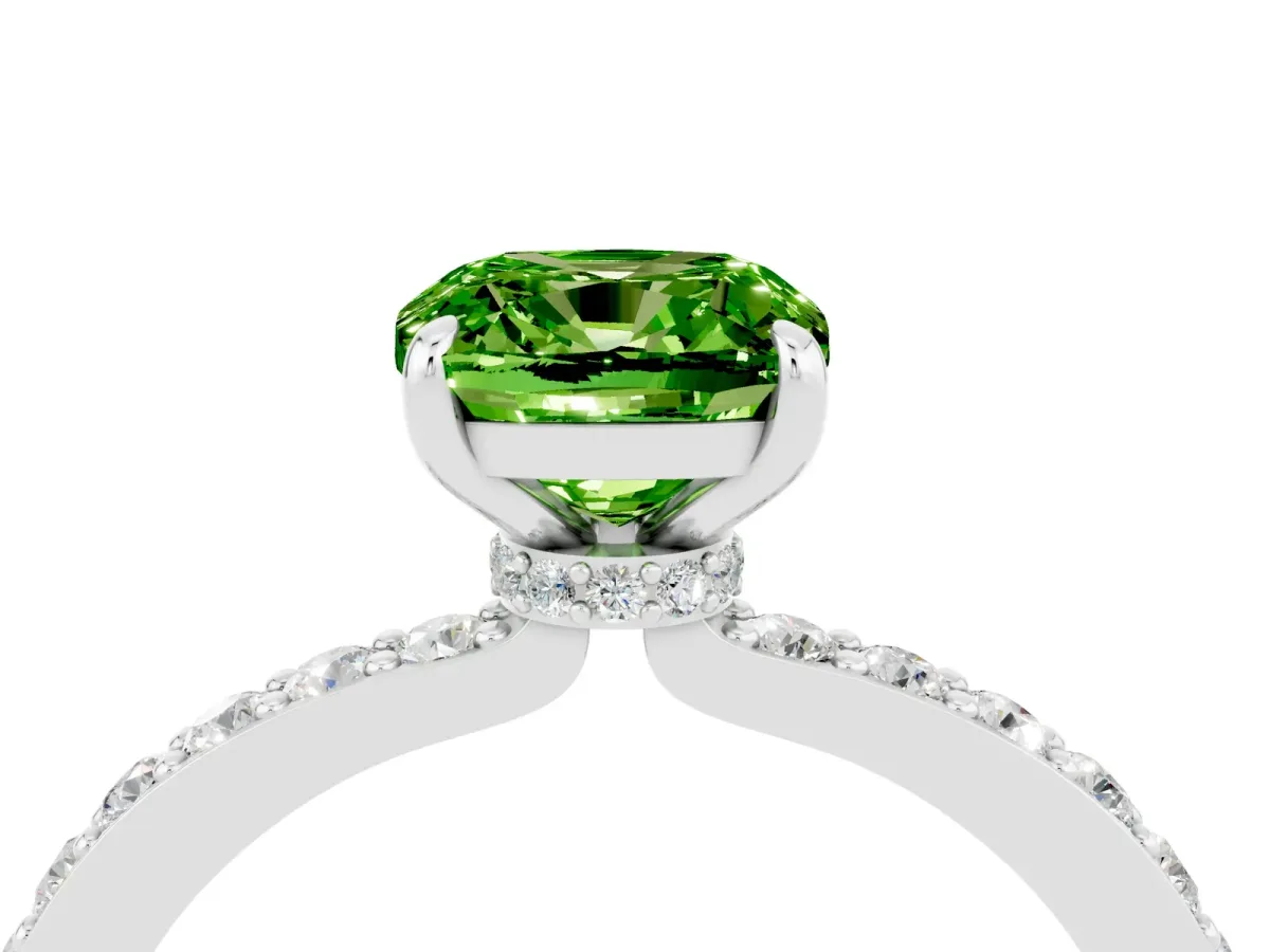 Cushion Cut Peridot Solitaire Engagement Ring with Pavé Band and Four-Prong Setting Silver