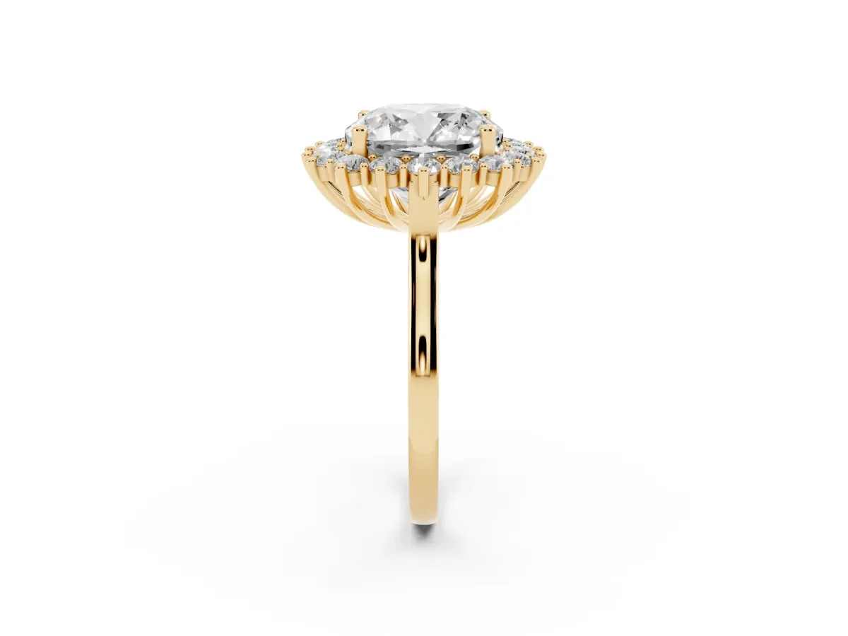 Cushion Diamond Halo Engagement Ring with Round Diamond Accents Yellow gold