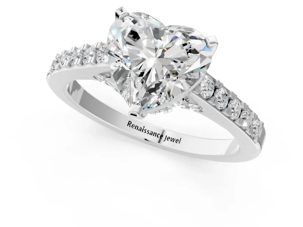 Heart Cut Diamond Solitaire Ring with Crossover Gallery and Round Pavé Band Silver