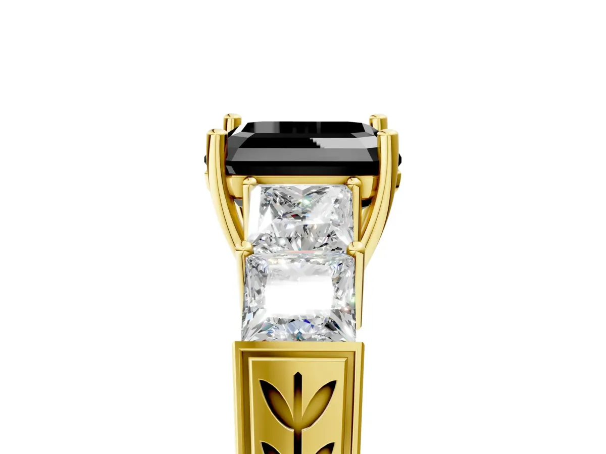 Fancy Black Asscher Cut Solitaire Princess Side Stone Engraved Band Prong Setting Ring Yellow gold