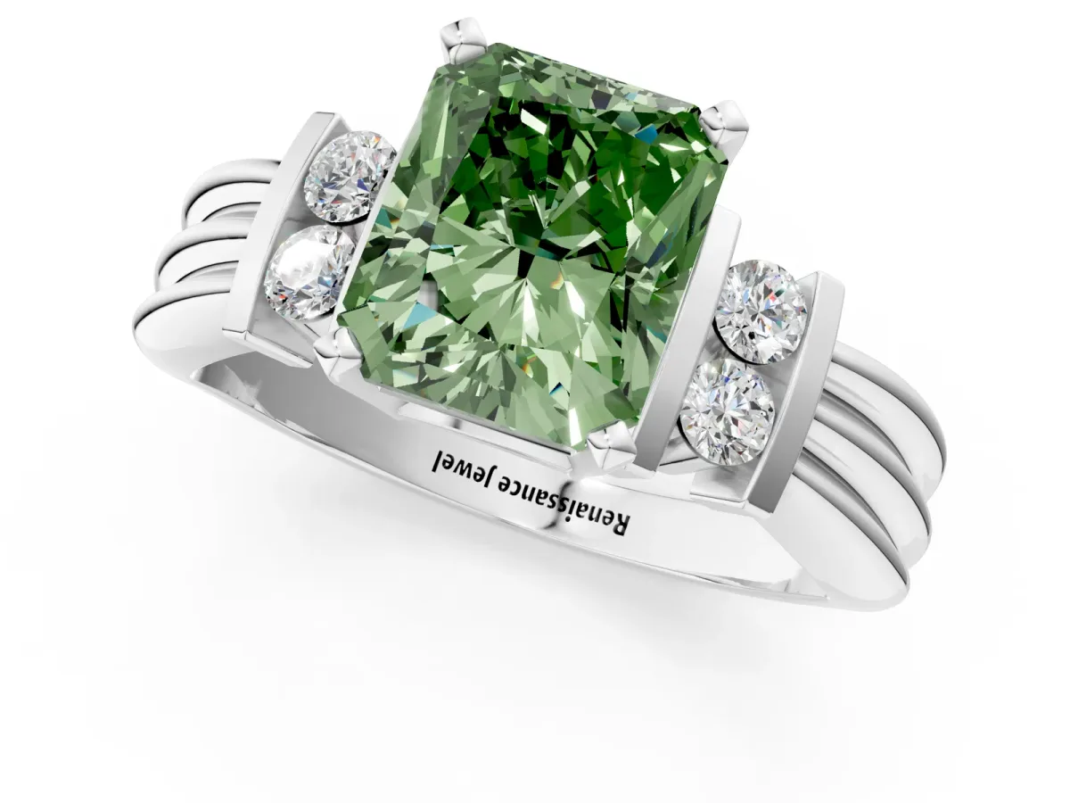 Fancy Green Radiant Cut Cut Three-Stone Channel Set Ring with Bar Prongs Platinum