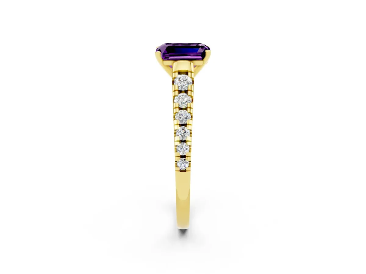 Emerald Cut Amethyst Cathedral Solitaire Ring with Round Pavé Band Yellow gold
