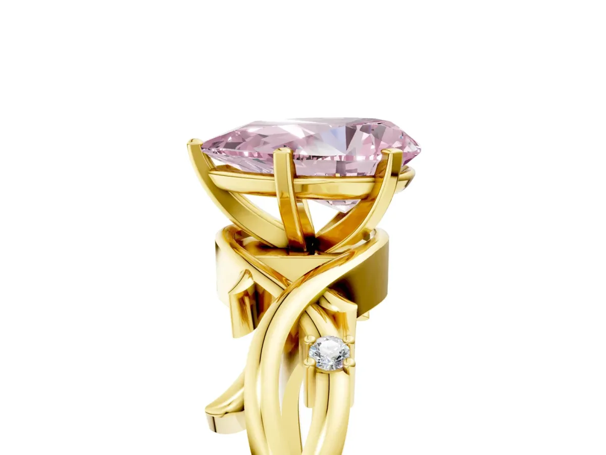 Fancy Pink Pear Cut Diamond Solitaire Ring with Twisted Band and Prong Setting Yellow gold
