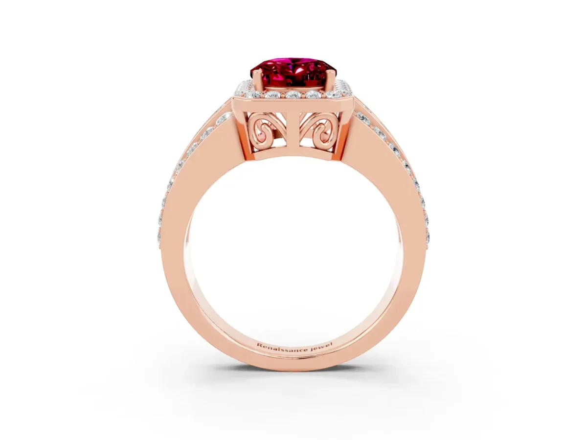 Oval Cut Halo Garnet Ring with Round Split Shank and Prong Setting Rose gold