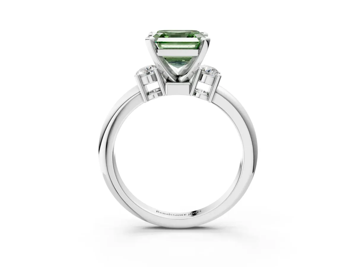 Fancy Green Three-Stone Asscher Cut Cut Diamond Solitaire with Prong Setting and Classic Band Platinum