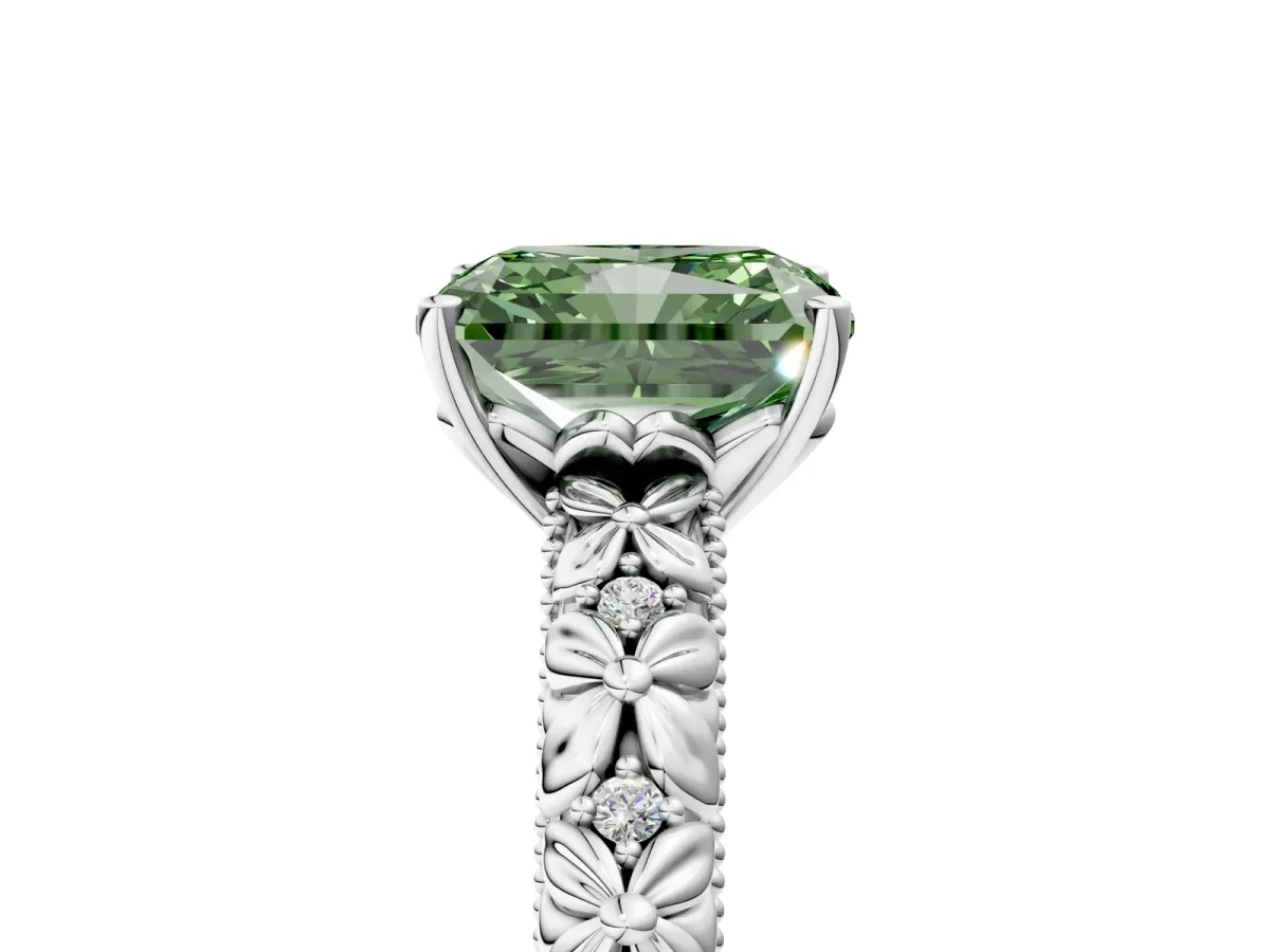 Fancy Green Radiant Cut Solitaire Floral Milgrain Engagement Ring Platinum