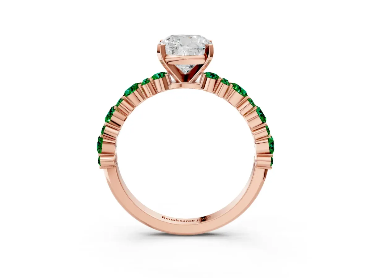Cushion Cut Diamond Side Stone Solitaire Ring with Round Emerald and Four-Prong Setting Rose gold