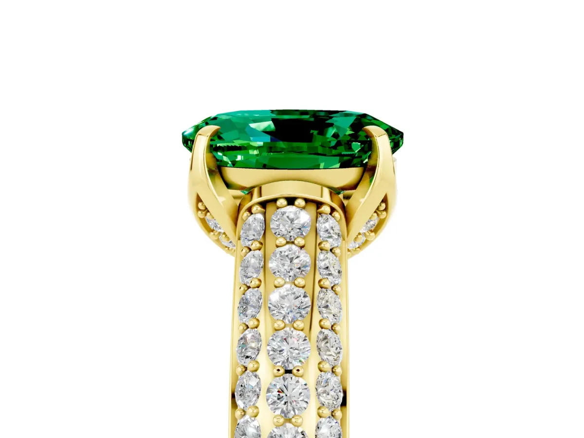 Oval Cut Emerald Solitaire Ring with Three-Row Pavé Band and Four-Prong Setting Yellow gold