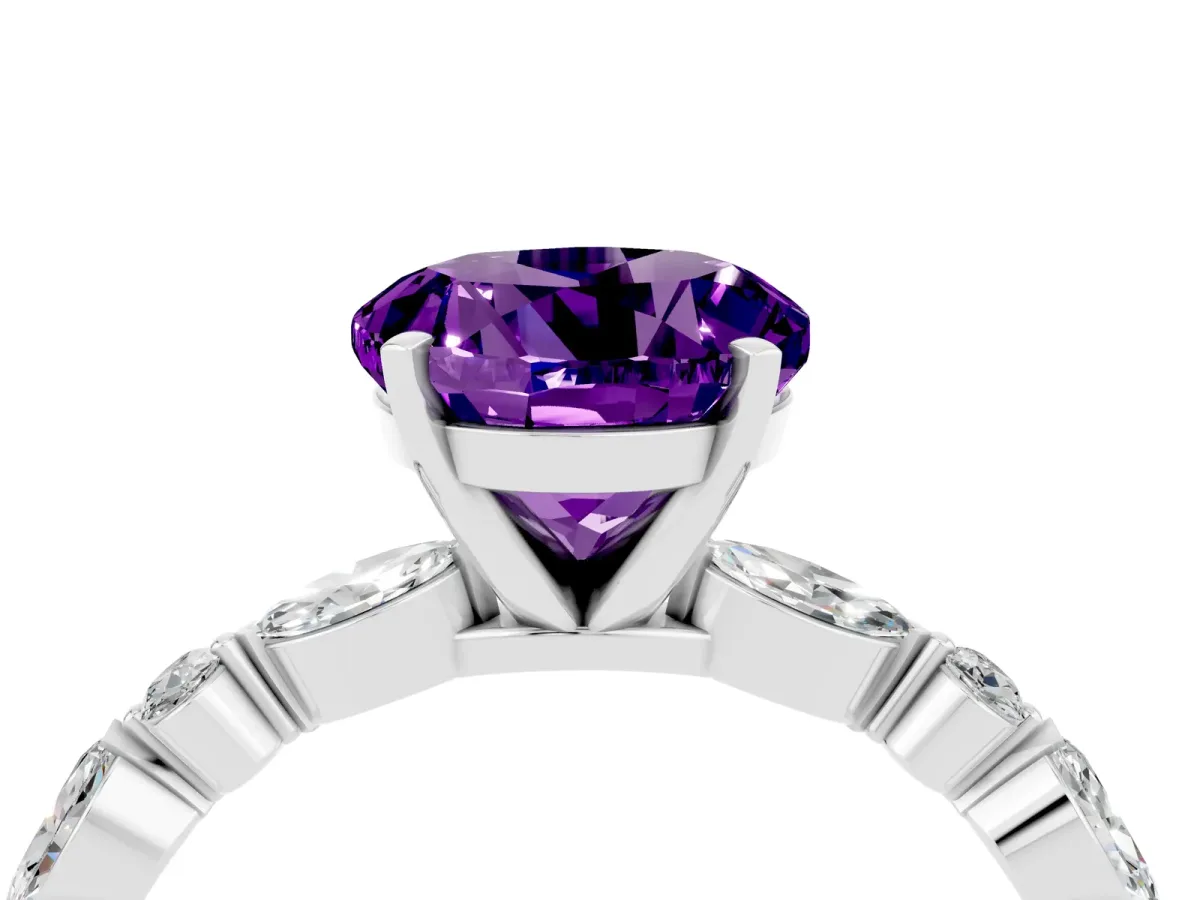 Round Cut Amethyst Ring with Marquise and Round Side Stones and Four-Prong Setting Silver