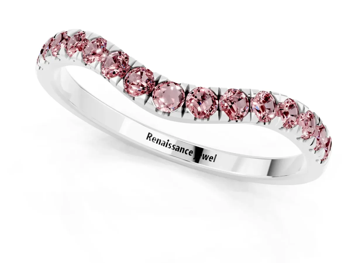 Curved Pavé Round Morganite Wedding Band with Shared Prong Setting Platinum