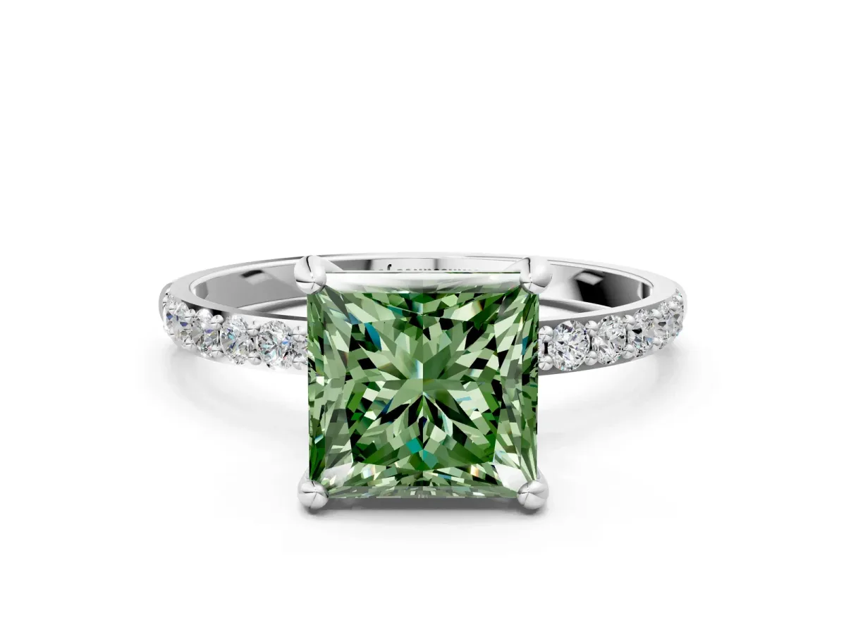Fancy Green Princess Cut Diamond Solitaire Ring with Round Pavé Band and Prong Setting Silver
