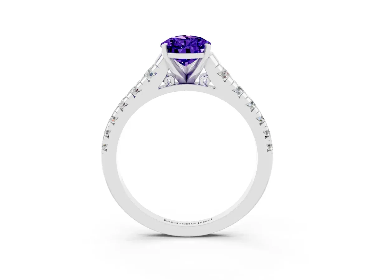 Pear Cut Tanzanite Cathedral Solitaire Ring with Round Pavé Band Silver