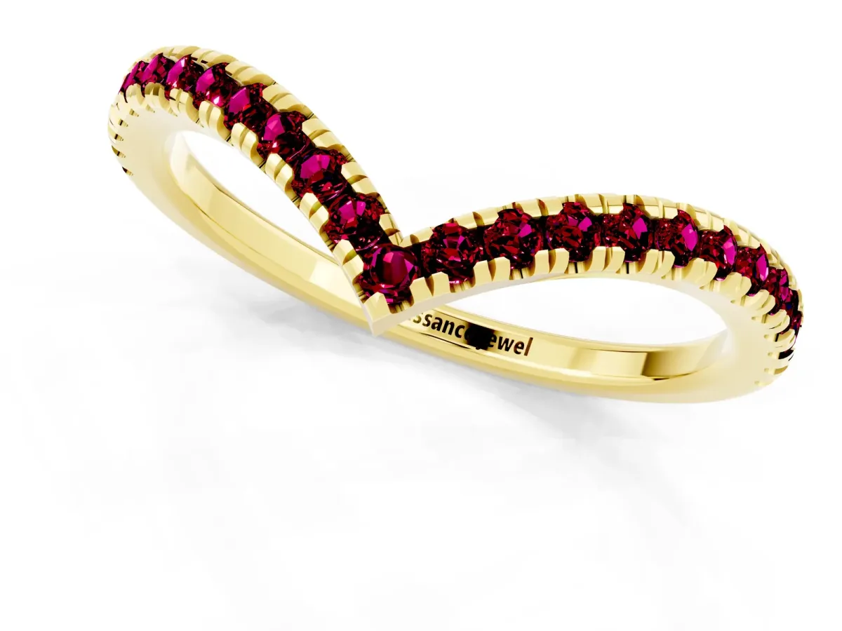 Pavé Round Garnet V-Shaped Chevron Band with Shared Prong Setting Yellow gold