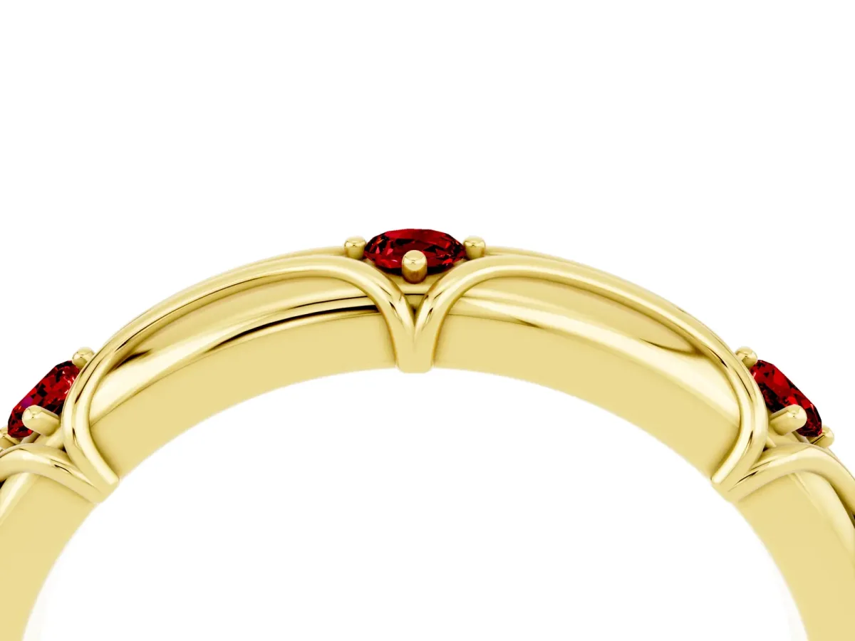 Round Ruby Prong Set Milgrain Eternity Band Yellow gold