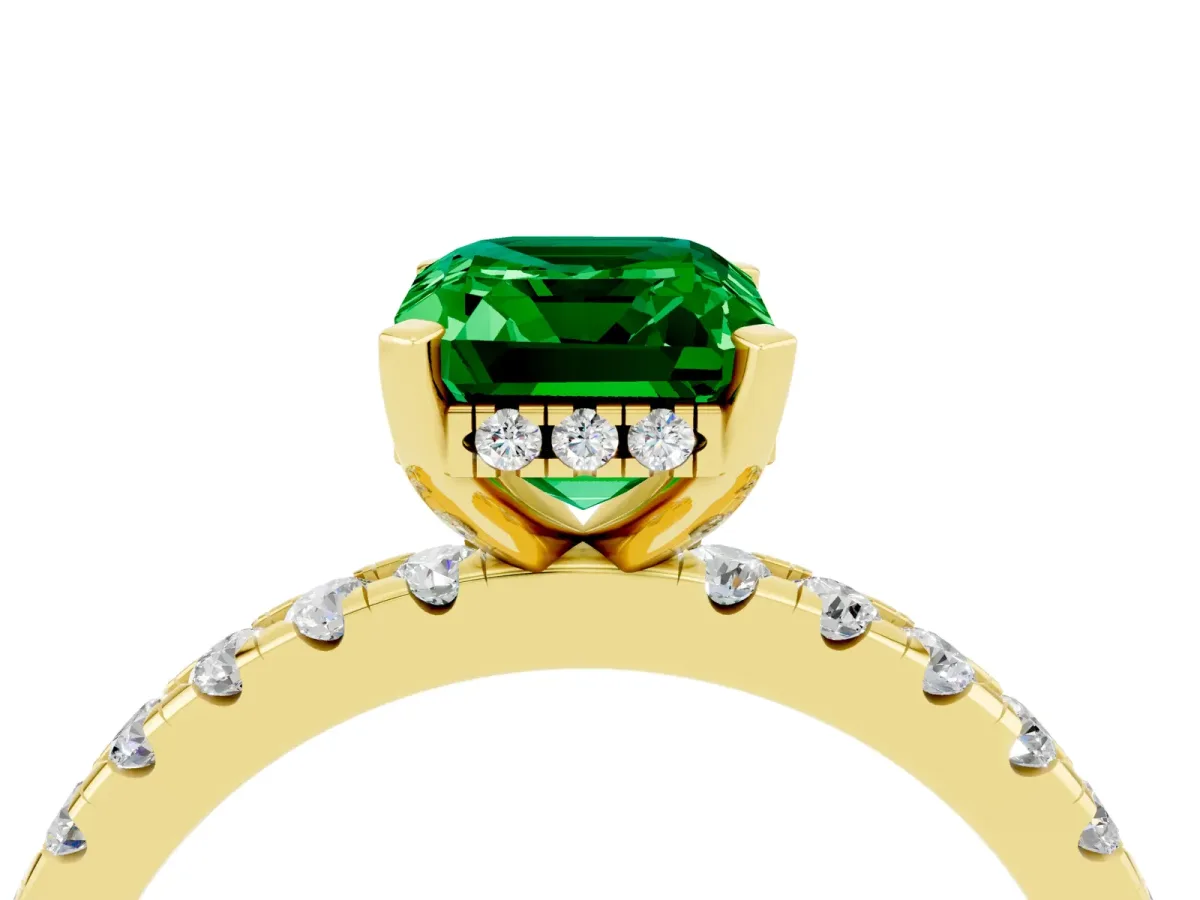Emerald Cut Emerald Solitaire Ring with Round Pavé Band and Four-Prong Setting Yellow gold