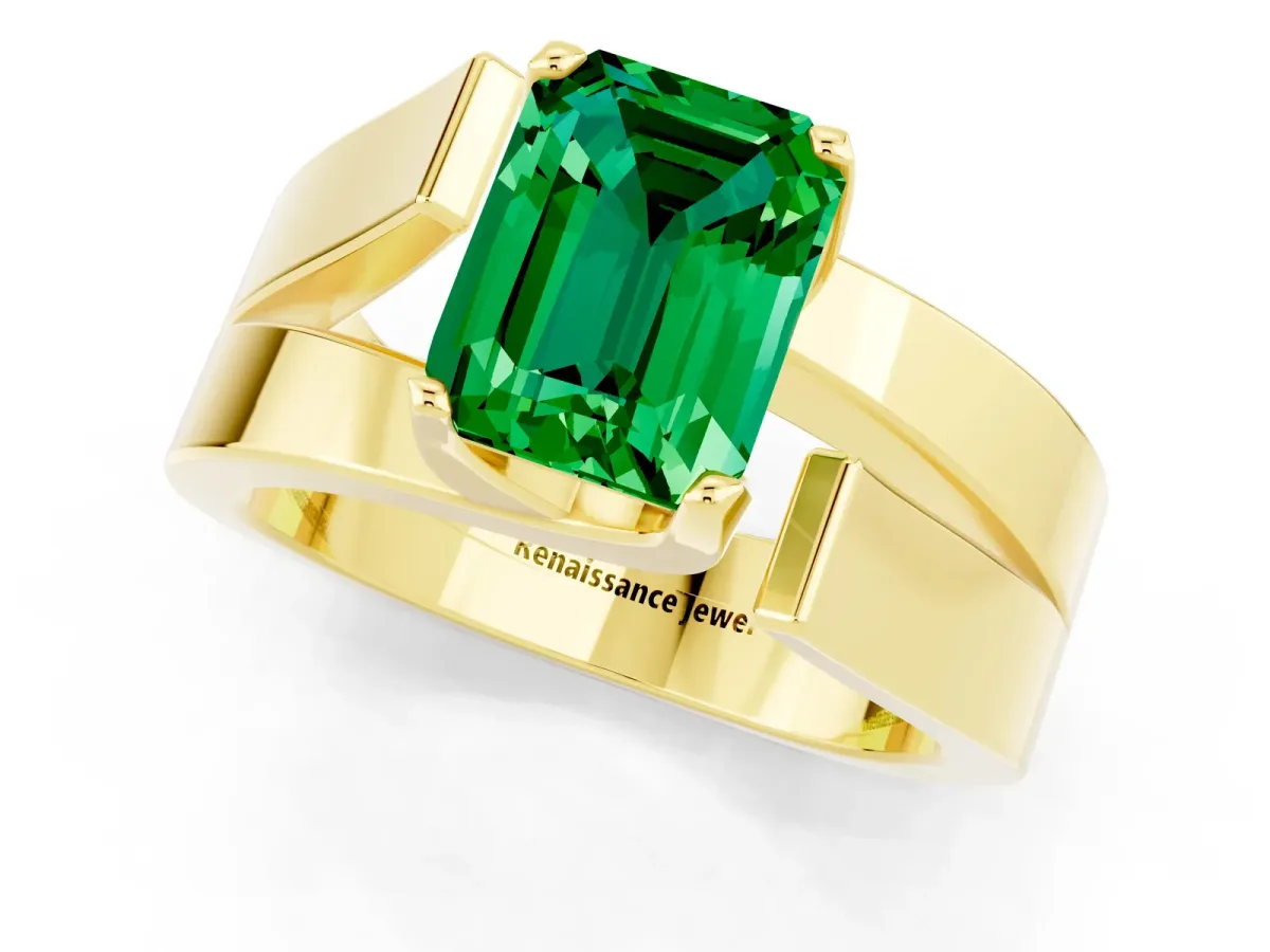 Modern Tension Set Emerald Cut Emerald Solitaire Wide Band Ring Yellow gold