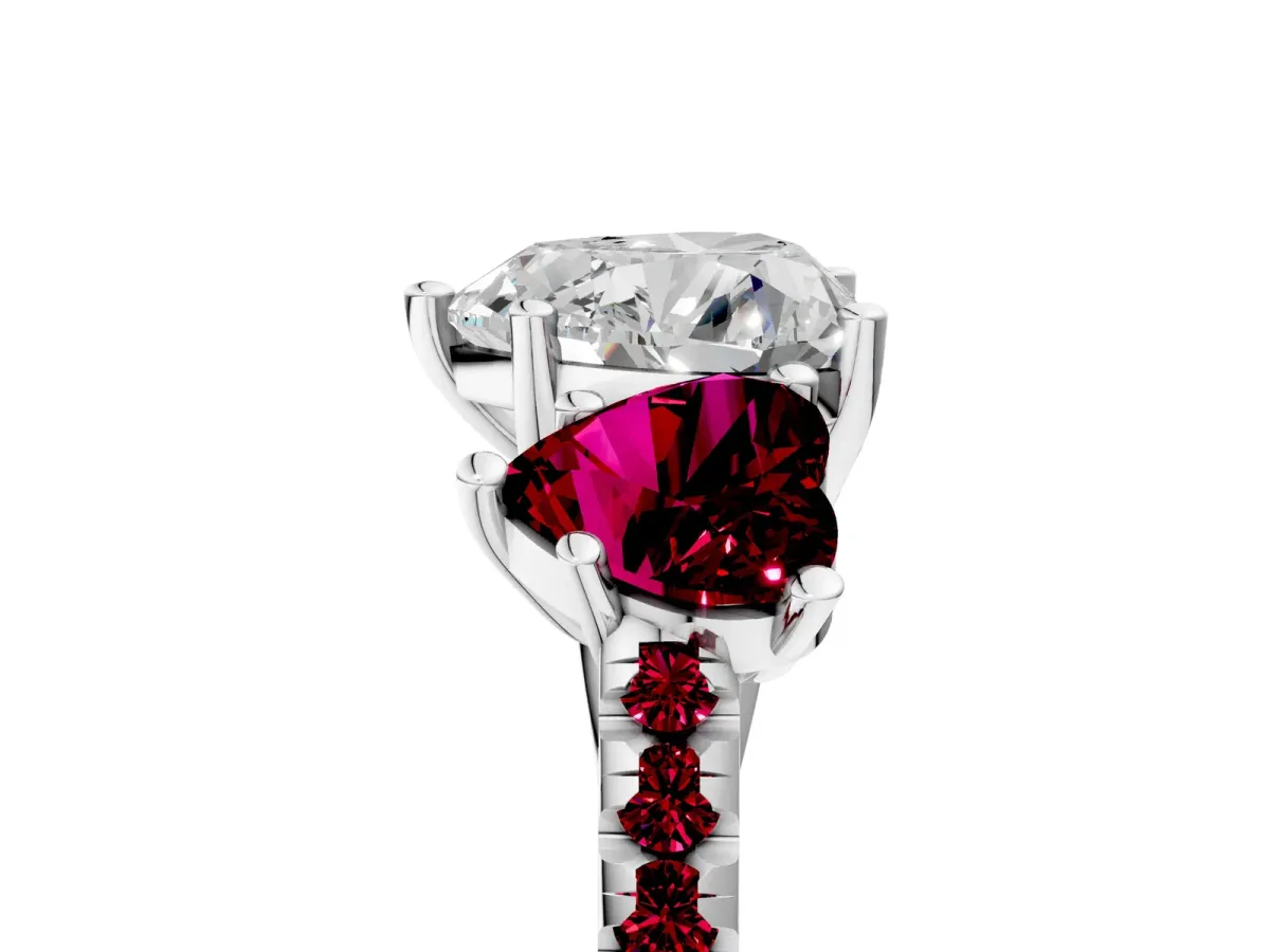 Three-Stone Heart Cut Diamond Ring with Round Garnet Pavé Band and Prong Setting Platinum