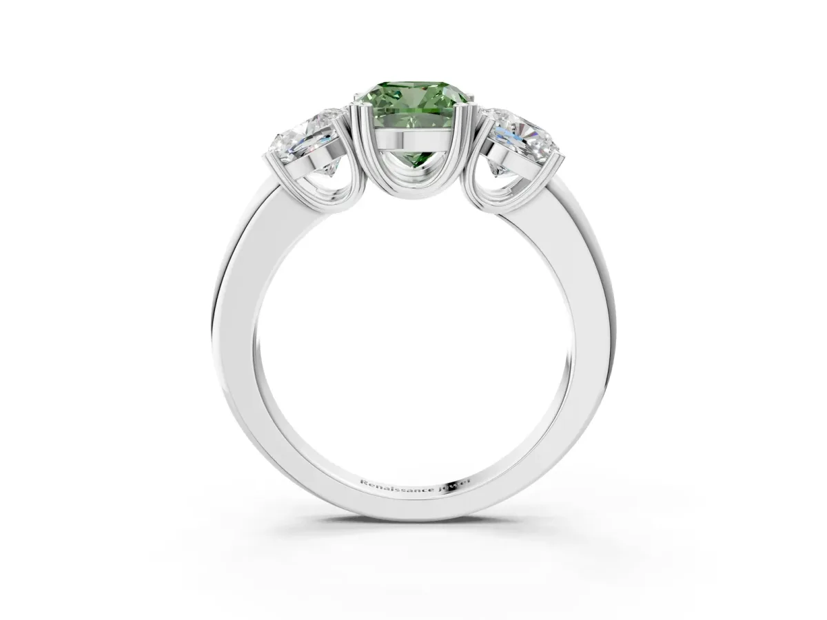 Fancy Green Three-Stone Cushion Cut Cut Diamond Ring with Channel Set Band and Four-Prong Setting Silver