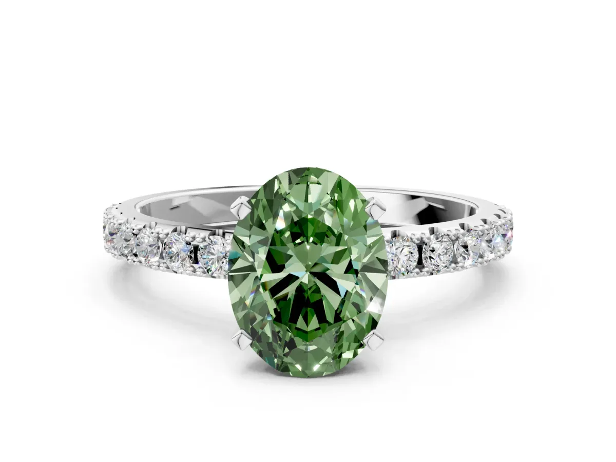 Fancy Green Oval Cut Diamond Solitaire Pavé Band with Four-Prong Setting Platinum